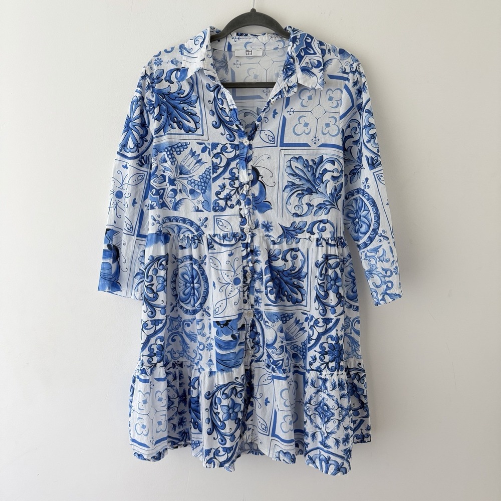 Italian Tile Print Cotton Mini Dress M Button Front Blue White Amalfi Positano